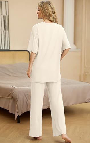 Image of PrinStory Womens Pajamas Sets 2 Piece Lounge Set Short Sleeve Tops and Long Pants Soft Pjs Loungewear with Pockets