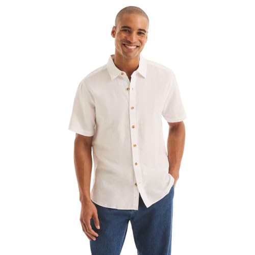 NAUTICA Men's Classic Fit Linen Deck Short Sleeve Shirt (L, White)
