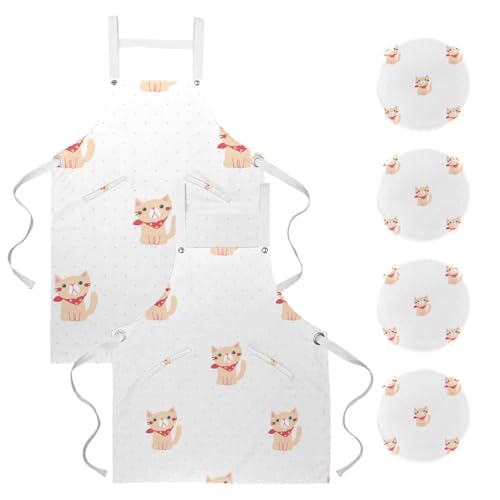 Lot de 2 tabliers de cuisine avec 4 broches chat multicolore maison bar