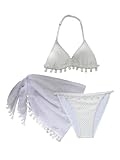 BEAUDRM Girl's 3 Piece Bikini Set Textured Shell Decor Triangle Halter Thong Swimsuit with Cover Up Skirt White 11Y