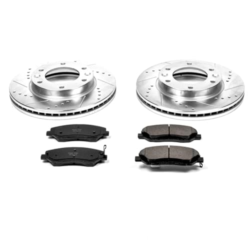 Image of PowerStop Front Brake Kit for Hyundai Entourage 2007-08 |Kia Sedona 2006-12 |Sedona 2014 - Drilled and Slotted Disc Rotors with Carbon-Fiber Ceramic Brake Pads Replacement, K4664