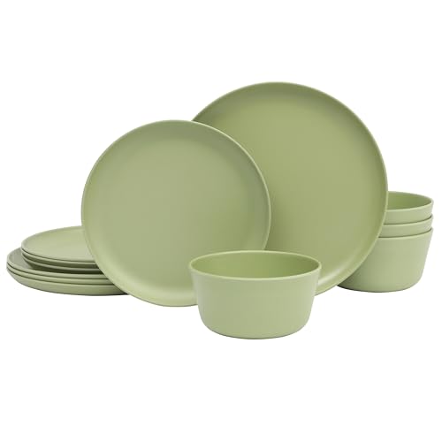 Gibson Home Fairhope 12-Piece Matte Green Melamine Dinnerware Set – Durable Lightweight Plates and Bowls, Kitchen Dining Set