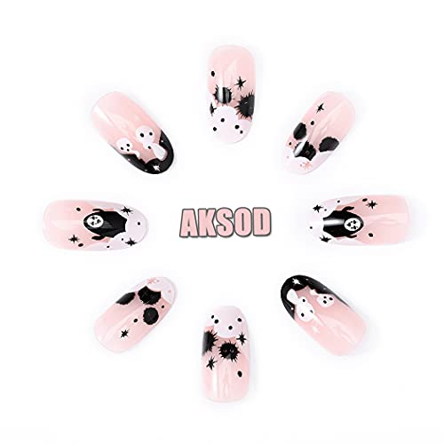 Aksod Ghost Press On Nails Short Glossy Virus Fake Nails Almond Cartoon Print Designed False Nails Tips Full Cover Cute Halloween Easter Festival Artificial Nails Sets For Women And Gilrs 24Pcs (Style G) #TOP2