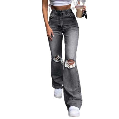 Pantalón Vaquero de Pernera Ancha, Jeans Bootcut Rotos - Negro y Gris - XXL