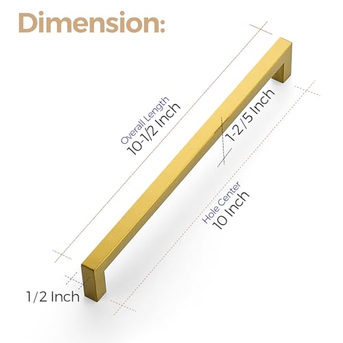 Image of Ravinte Brushed Brass Square Cabinet Handles Drawer Pulls 10 Inch 12 Pack | Screws Included, Square Bar Grip, Smooth Touch, Stainless Steel, Easy Installation, For Cupboards, Drawers, Dressers, Cabinet