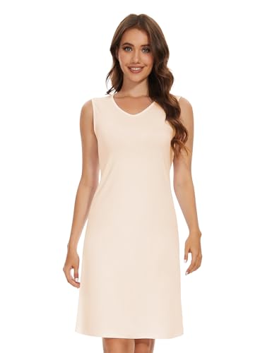 Image of MANCYFIT Women's Full Slip V Neckline Slip Dress Wide Straps Tank Top Slip for Women Under Dress Knee Length Slip