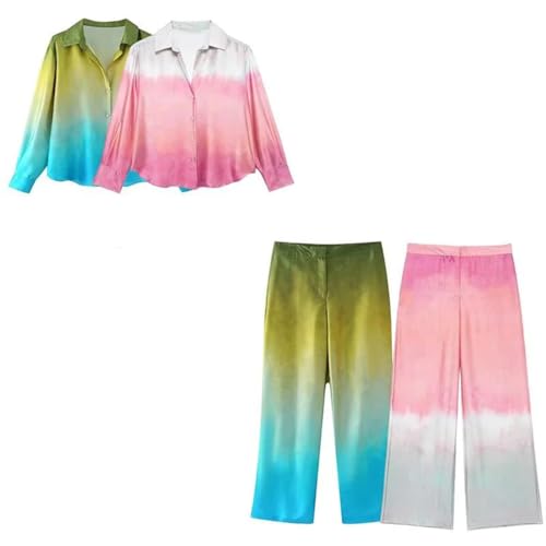 Women's Elegant Suit Tie-Dye Long Sleeve Shirt Top High Waisted Wide Leg Pants Set Two Pieces2