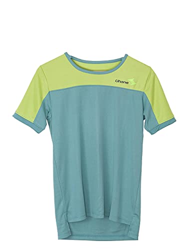 Image of Uhane Women's Gym Dri-Fit Work-Out Round Neck Loose Fit Straight-Cut Long Back T-Shirt (Ocean Blue /Lime Green) Short Sleeves Multi-Coloured Top for Sports and Fitness