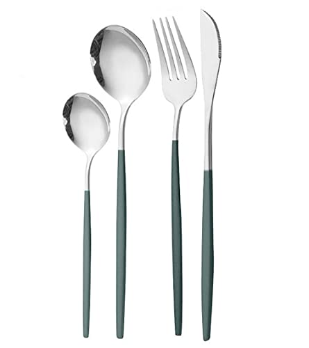 Image of Stainless Steel Flatware Set - Mirror Polished Cutlery for Dinner, Kitchen Utensil with Fork, Spoon, Knife Silverware Tableware Lunch Box(Green-Blue, Set of 4)