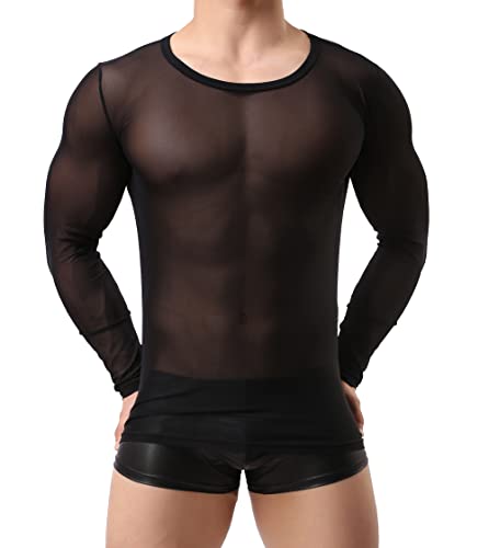 Drelaar T-shirt à manches longues et col rond pour homme en maille transparente, Noir , M