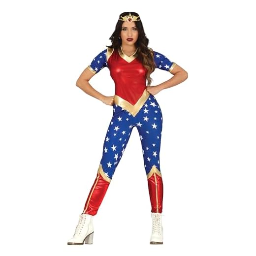 FIESTAS GUIRCA Disfraz de Heroína Estrella - Atuendo Maravilloso con Mono en Rojo Metálico, Azul y Dorado para Mujer Adulta Talla S 36-38