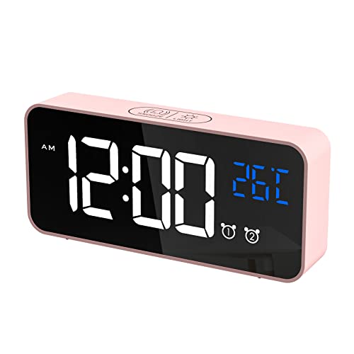 CHEREEKI Digitaler Wecker, LED Digitaluhr mit Temperaturanzeige Tragbarer Spiegelalarm Tischuhr mit 2 Alarmen 10 Alarmtöne USB Wiederaufladbar 4 Helligkeit und Lautstärke Regelbar, 12/24 Stunden