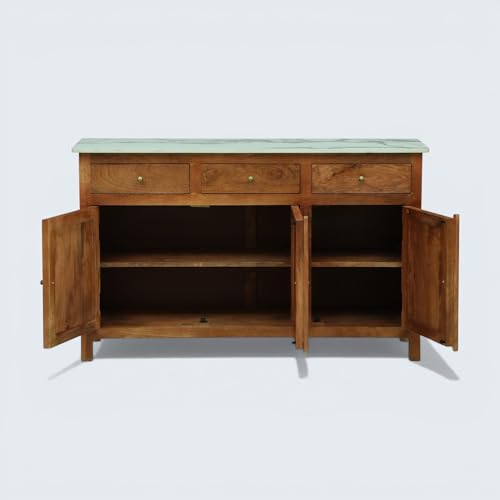 Image of Solid Wood Madrid 3 Door Sideboard Cabinet | Sintered Stone Top Sideboard for Living Room | Finish- Dark Teak