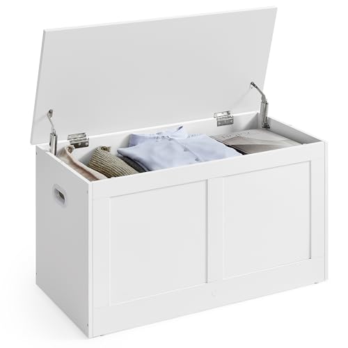 VASAGLE Storage Chest Storage Trunk with 2 Safety Hinges Storage Bench Shoe Bench Farmhouse Style 15.7 x 31.5 x 18.3 Inches for Entryway Bedroom Living Room Cloud White ULSB064W01