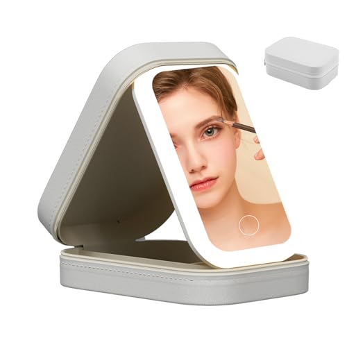 Petyoung Bolsa de maquillaje con espejo iluminado con espejo LED, estuche de cosméticos con espejo LED de maquillaje, 3 colores, White, moda
