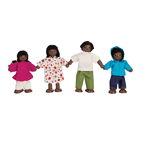 PlanToys Wooden Dollhouse Family- Mom, Dad, Son, and Daughter (7416) | Sustainably Made from Rubberwood and Non-Toxic Paints and Dyes