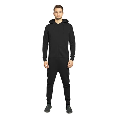 Mens Plain jumpsuit Adult Warm Hooded Fleece All-in-One Zip 1Onesie Mens Nightwear Loungewear Snuggle One Piece Pyjamas Long Sleeves Stitch Onesie Adult (UK Alpha XL Regular Regular Black)