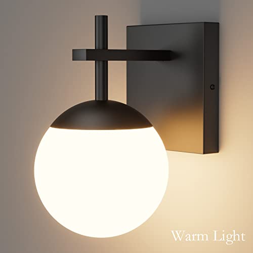 Image of Ralbay Matte Black Wall Sconce, Mid Century Modern Black Wall Light Fixtures Milky Glass Indoor Wall Lamp for Home Decor Bathroom Kitchen Living Room Vanity Hallway, Black 1 Light (Exclude Bulb)