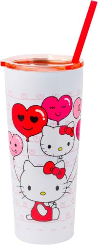 Image of Silver Buffalo Hello Kitty Heart Balloons Double Walled Stainless Steel Tumbler with Straw, 22 Ounces (Pack of 12)