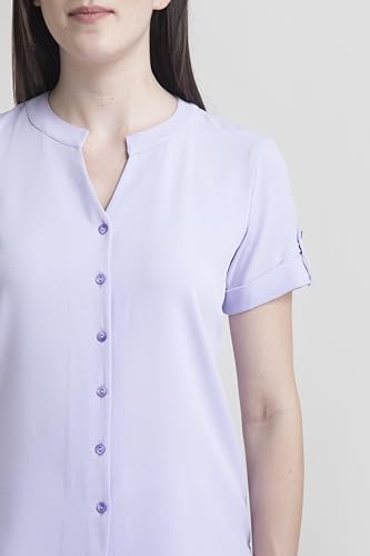 Image of FableStreet Women Formal Top | Asymmetrical Button Placket Band Collar Three-Quarter Sleeves Solid Pattern | Pure Cotton Smooth Fabric for Office & Workwear | Lavender