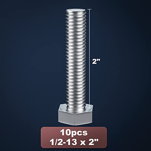 Image of 1 /2-13 x 2 (1 to 7 inch Optional) Hex Head Screw Bolt, Stainless Steel 18-8(304), Fully Threaded,10pcs