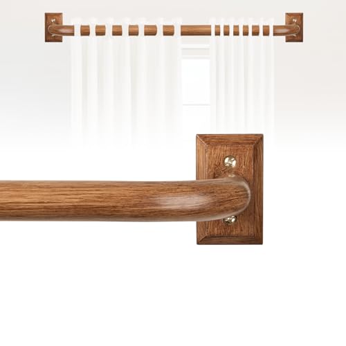 Image of HTZON Blackout Wrap Around Curtain Rod 28 to 48 Inch:Heavy Duty Adjustable Imitation Wood Curtain Rod 1 Inch Wooden Room Darkening Curved French Windows Curtain Rods for Farmhouse Bedroom Easy Install