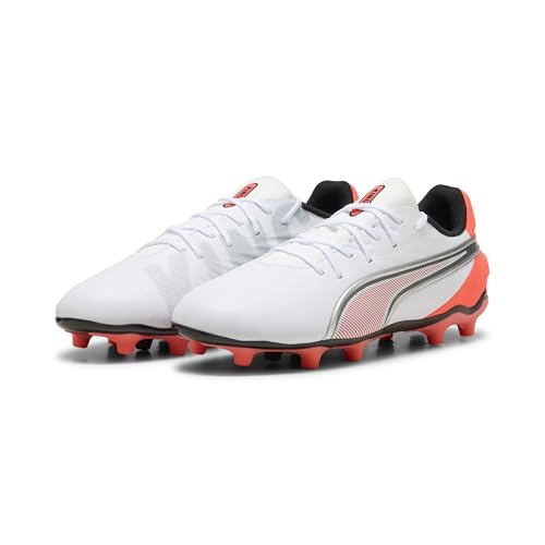 PUMA King Match FG/AG JR Soccer Shoe, White-Glowing RED Black