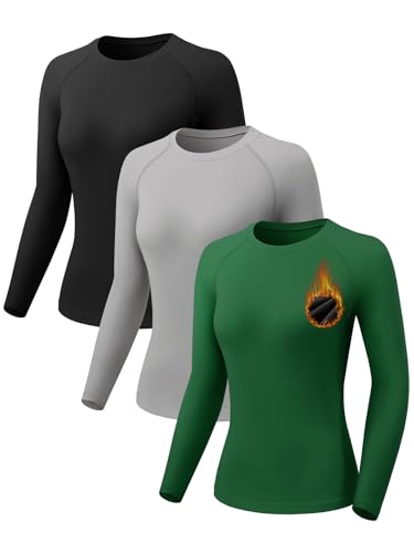 Orrfreer 3 Pack Thermal Base Layer Women Fleece Long Sleeve Compression Shirts Ladies Thermal Tops for Running Ski Hiking Black/Grey/Dark Green L