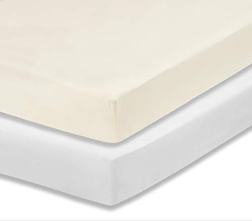 Image of Everyday Kids 2-Pack Fitted Crib Sheets, 100% Soft Breathable Microfiber Baby Sheet, Fits Standard Size Crib Mattress 28in x 52in, White Nursery Sheet and Beige Nursery Sheet