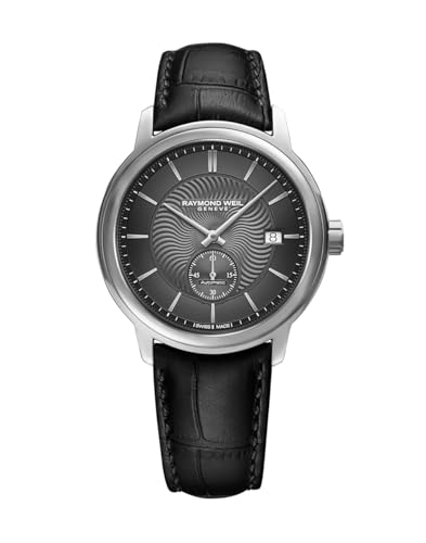 RAYMOND WEIL Maestro Men's Automatic Watch, Grey Dial, Indexes, Small Seconds, Stainless Steel Case, Genuine Black Leather Strap, 39.5mm (Model: 2238-STC-60001)