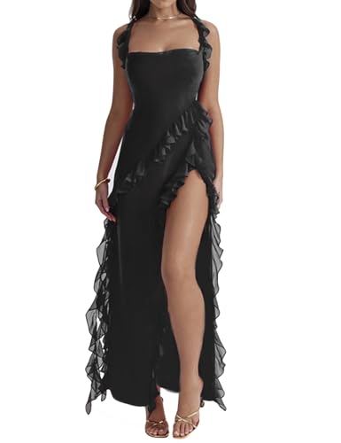 Image of houstil Women's Casual Summer Dress Strap Ruffle Beach Party Maxi Cocktail Evening Holiday Wedding Guest Dresses