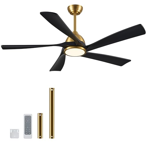 VONLUCE Wood Ceiling Fan with Lights, 52'' Ceiling Fan and Remote, 6 Speed Reversible Noiseless DC Motor, Stepless Dimming, 5 Blades Ceiling Fan for Patios Farmhouse, Black Golden