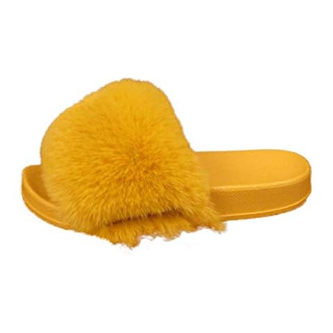 Girls Furry Fluffy Kids Open Toe Sliders Slippers Mules Flip Flops Shoes Sizes Yellow Cover