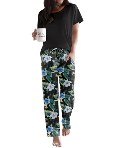 Image of Ekouaer Pajama Sets for Women Round Neck Pjs Short Sleeve Sleepwear with Long Pants Loose Lounge Sets