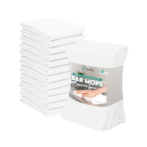 ZUPERIA Bar Mop Kitchen Towels - Pack of 12 (16'x19”) 100% Ring Spun Cotton - Dish Washcloths For Superb Cleaning and Less Lint - Highly Absorbent Dish Cloths and Dish Towels For Everyday use (White)