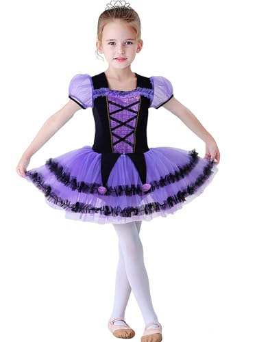 Disfraz de bruja niña morado con tutu y bolsa de dulces miniatura 2