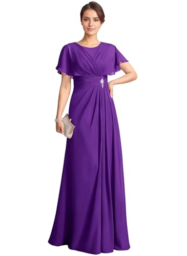 Image of TIRAS Mother of The Bride Dresses Scoop Neck Ruffles Sleeves Chiffon Long Formal Wedding Dresses 2025 CMN007