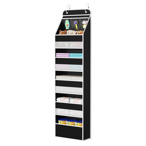 Image of Univivi 6-Shelf Over Door Hanging Organizer Fabric Baby Door Storage with 5 Large Pockets and 3 Small PVC Pockets Wall Mount Hanging Storage Organizers for Baby Essential (Black)