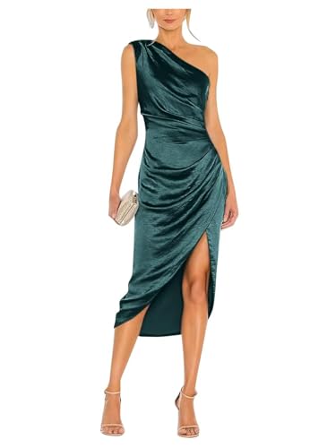 Image of Satin Bridesmaid Dresses for Women One Shoulder Prom Dress Pleated Midi Formal Cocktail Gown Wedding Guest Dress with Slit
