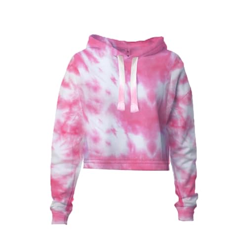 NOROZE Women's Tie-Dye Long-Sleeve Crop-Top Sweatshirt Hoodie Drawstring Pullover Fleece Jumper Tops (14, Pink)