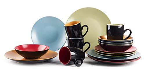 HomeVss Stoneware Two-Tone Colors Life 16pc Dinnerware Set?Outside Shinny Black + Inside Matte Finished Very Funny - 4 Assorted Colors Turquoise, Olive, Curry and Red