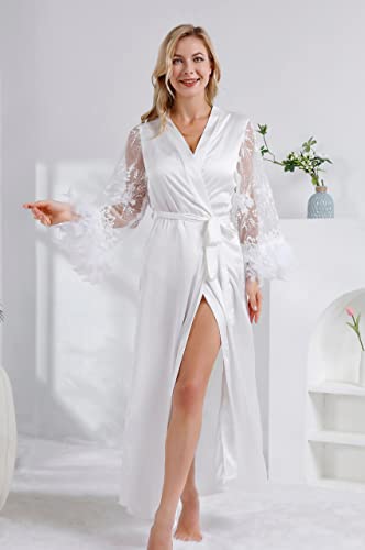 Women Long Satin Tulle Robe, Maternity Photoshoot Bride Feather Dressing Gown Kimono Bathrobe Sleepwear (White, Small/Medium) #TOP1