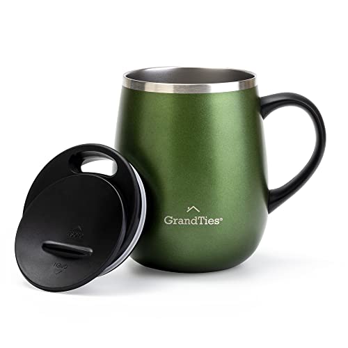 Grandties Insulated Coffee Mug With Handle - Sliding Lid For Splash-Proof 16 Oz Wine Glass Shape Thermos Tumbler With Double Walled Vacuum Stainless Steel Keeps Beverages Hot Or Cold - Green Metallic #TOP27