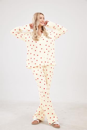 Womens Pajama Sets Cotton Pj Set Cute Heart Print Long Sleeve Button Down Shirt With Long Pants3