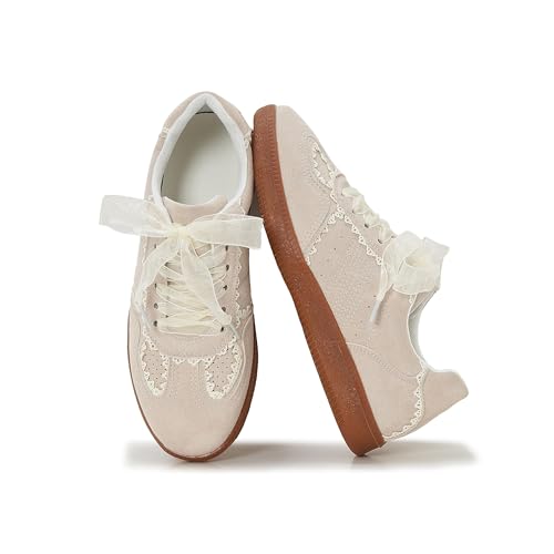 Fashion Sneakers for Women Lace Detail Dual Shoelace Casual Sneaker Elegant Ribbon Lace-Up Retro Low Top Shoes - Main Image