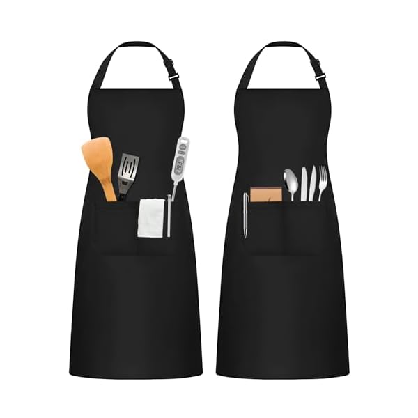 Claglamatree 2 Pieces Apron, Black Waterproof Kitchen Apron, Adjustable Apron with 2 Pockets, Cooking Apron for Women and Men, BBQ Apron for Home Use, Restaurants, Cafes, Gardens
