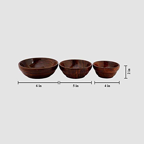 Image of Wooden Handmade Contemporary Platter Multipurpose Serving Bowl For Kitchen (Brown) -Set Of 3,Standard, 500 ML