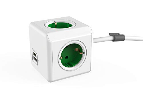 Dr. Bott Regleta Multi-Cubo Extended DuoUSB DE, ladrón con 4 enchufes y 2 Puertos USB, un Adaptador de Escritorio y con Cable Integrado de 1,5m, Estilo Schuko de 230 V, Verde/Blanco