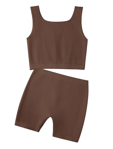 Image of EXARUS Girls 2 Piece Outfits Seamless Ribbed Cropped Tank Top Shorts Set | Teen Two Piece Outfit Tween Summer Dance Vacation Yoga Crew Neck Youth Athletic Workout Set Kids High Waist Elasticity 6-14Y