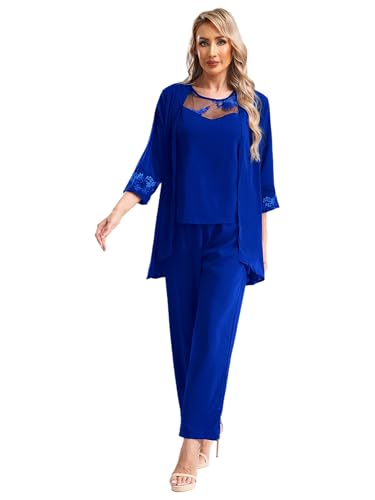 IEFIEL Conjunto de Fiesta Elegante de 3 Piezas para Mujer Camisola Chaleco de Gasa Suelto con Encaje y Pantalones Rectos y Cárdigan Traje de Verano Talla Grande S-5XL Azul XXL